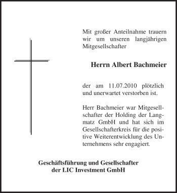 Traueranzeige von Albert Günther Bachmeier von MERKUR & TZ