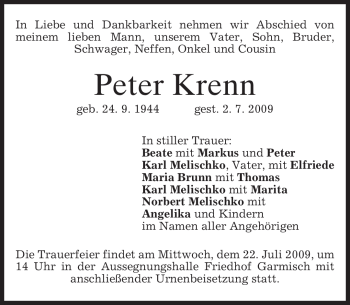Traueranzeige von Peter Krenn von MERKUR & TZ