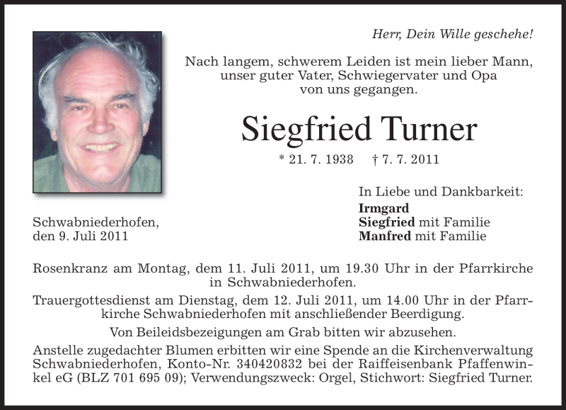  Traueranzeige für Siegfried Turner vom 09.07.2011 aus MERKUR & TZ