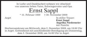 Traueranzeige von Ernst Sappl von MERKUR & TZ