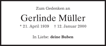 Traueranzeige von Gerlinde Müller von MERKUR & TZ