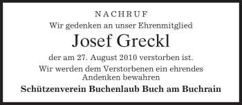 Traueranzeige von Josef Greckl von MERKUR & TZ