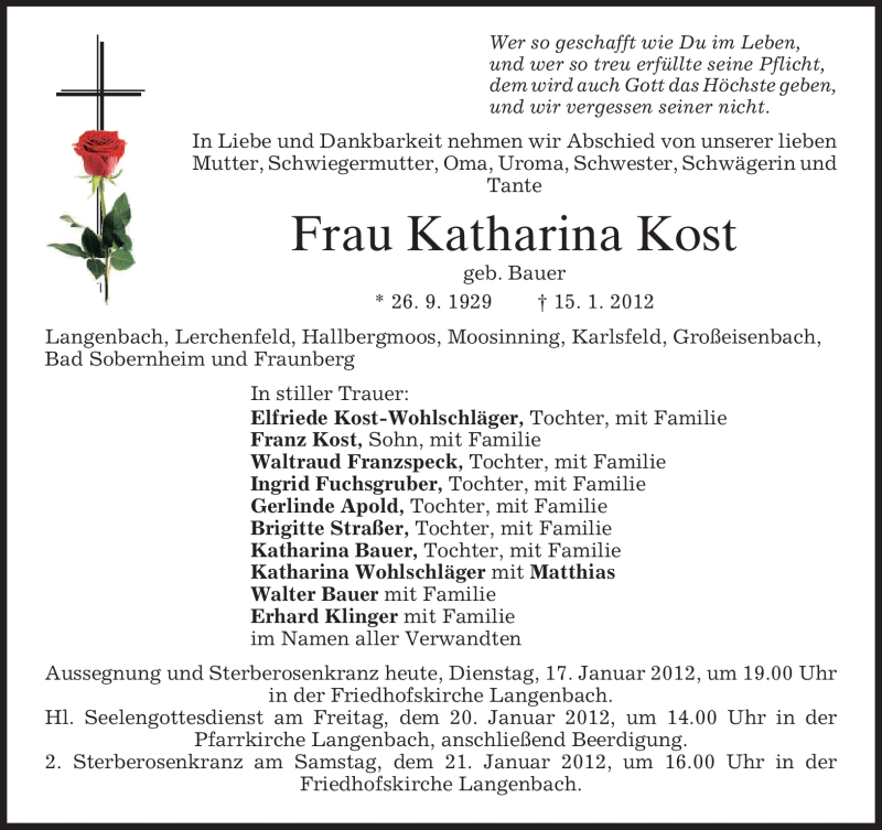  Traueranzeige für Katharina Kost vom 17.01.2012 aus MERKUR & TZ