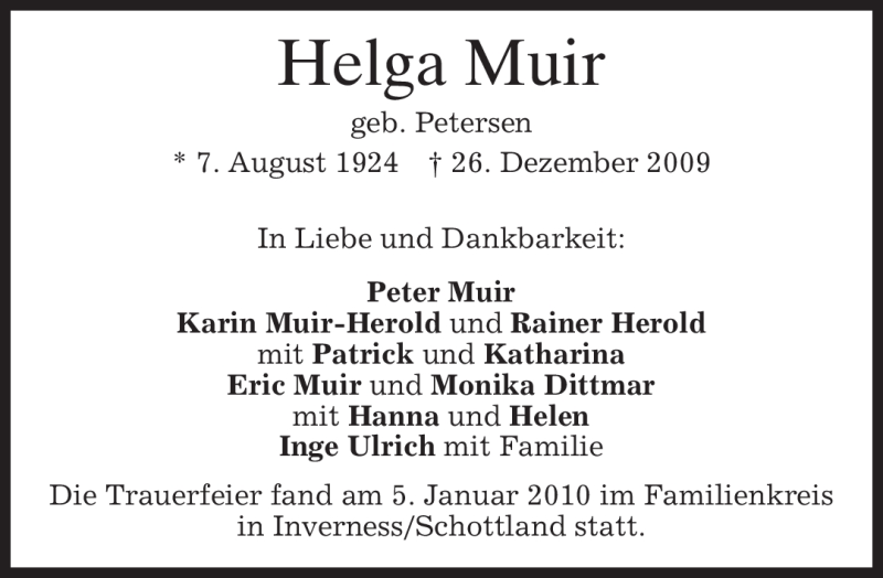  Traueranzeige für Helga Muir vom 09.01.2010 aus MERKUR & TZ