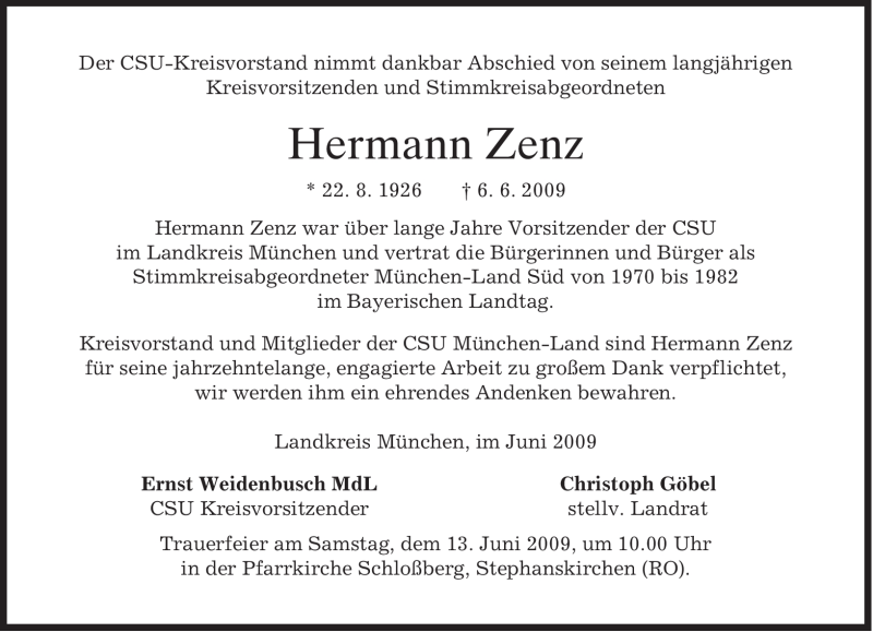  Traueranzeige für Hermann Zenz vom 12.06.2009 aus MERKUR & TZ