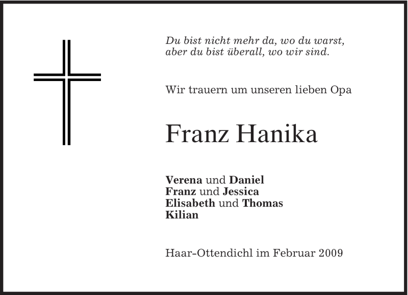  Traueranzeige für Franz Hanika vom 09.02.2009 aus MERKUR & TZ