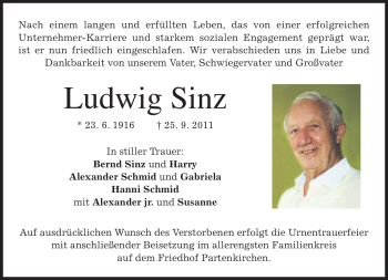Traueranzeige von Ludwig Sinz von MERKUR & TZ