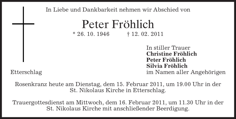  Traueranzeige für Peter Fröhlich vom 15.02.2011 aus MERKUR & TZ