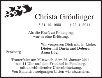 Traueranzeige von Christa Grönlinger von MERKUR & TZ