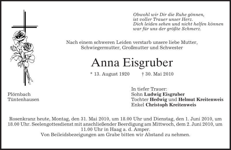 Traueranzeigen von Anna Eisgruber | trauer.merkur.de