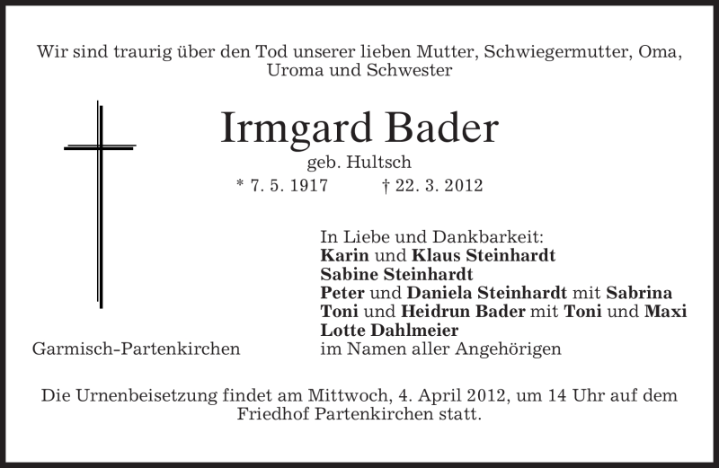 Traueranzeige für Irmgard Bader vom 31.03.2012 aus MERKUR & TZ