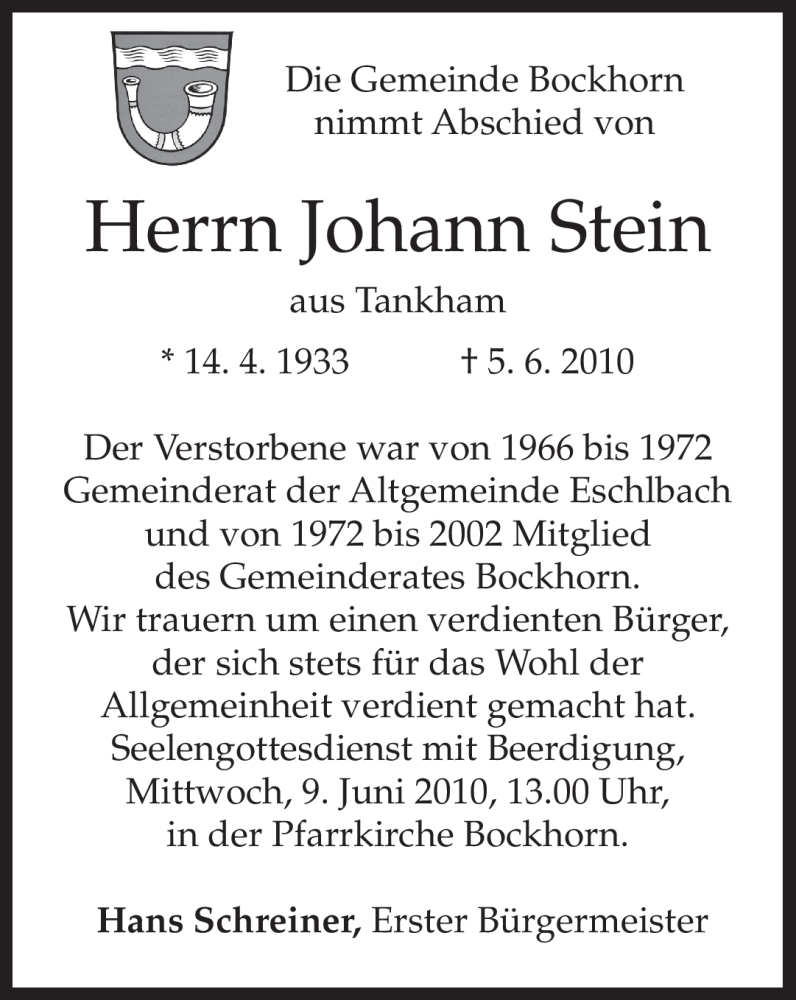 Traueranzeige für Johann Stein vom 08.06.2010 aus MERKUR & TZ
