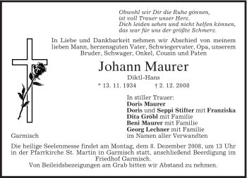 Traueranzeige von Johann Maurer von MERKUR & TZ