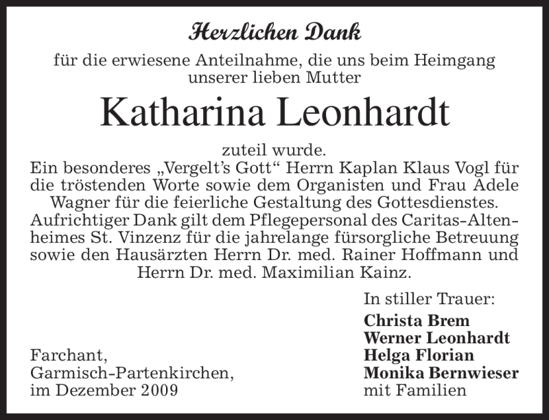  Traueranzeige für Katharina Leonhardt vom 19.12.2009 aus MERKUR & TZ
