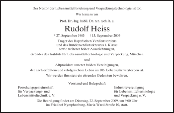 Traueranzeige von Rudolf Heiss von MERKUR & TZ