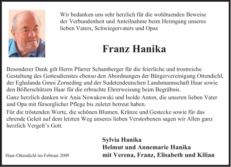  Traueranzeige für Franz Hanika vom 28.02.2009 aus MERKUR & TZ