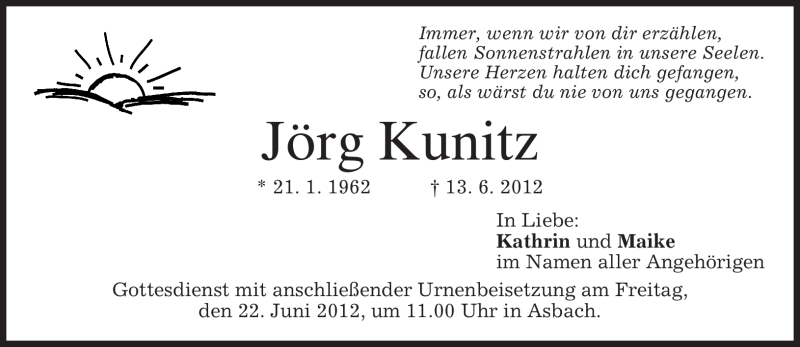  Traueranzeige für Jörg Kunitz vom 19.06.2012 aus MERKUR & TZ
