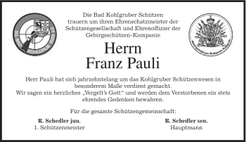 Traueranzeige von Franz Pauli von MERKUR & TZ