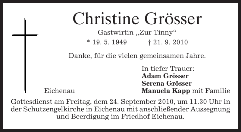  Traueranzeige für Christine Grösser vom 23.09.2010 aus MERKUR & TZ