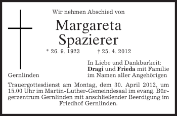 Traueranzeige von Margareta Spazierer von MERKUR & TZ