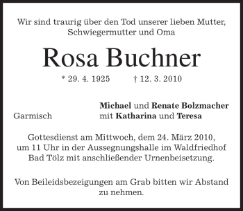 Traueranzeige von Rosa Buchner von MERKUR & TZ