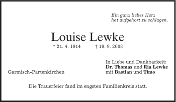 Traueranzeige von Louise Lewke von MERKUR & TZ