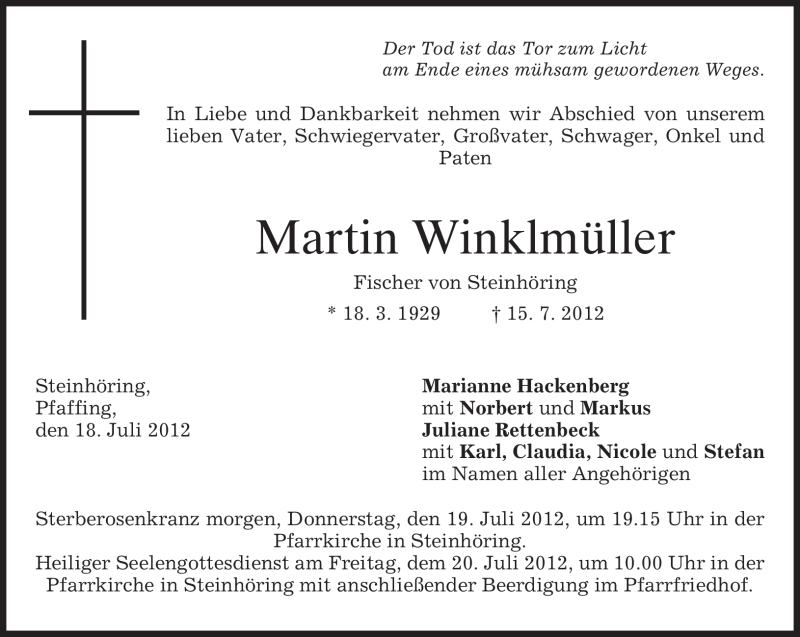  Traueranzeige für Martin Winklmüller vom 18.07.2012 aus MERKUR & TZ