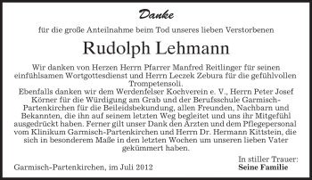 Traueranzeige von Rudolph Lehmann von MERKUR & TZ