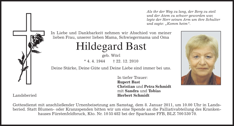  Traueranzeige für Hildegard Bast vom 05.01.2011 aus MERKUR & TZ