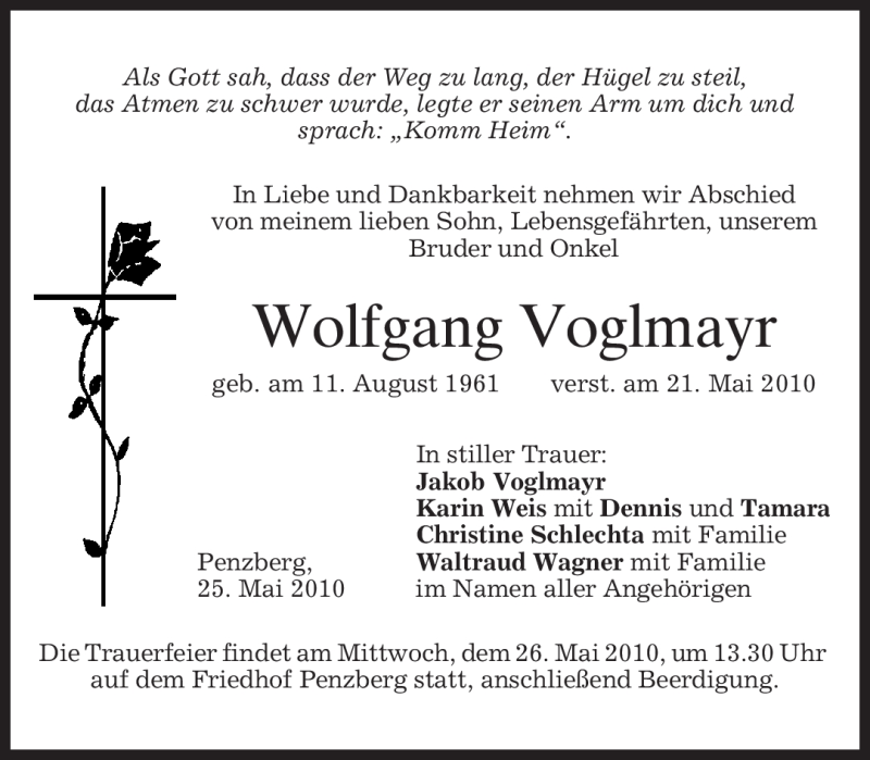  Traueranzeige für Wolfgang Voglmayr vom 25.05.2010 aus MERKUR & TZ