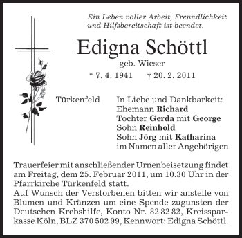 Traueranzeige von Edigna Schöttl von MERKUR & TZ