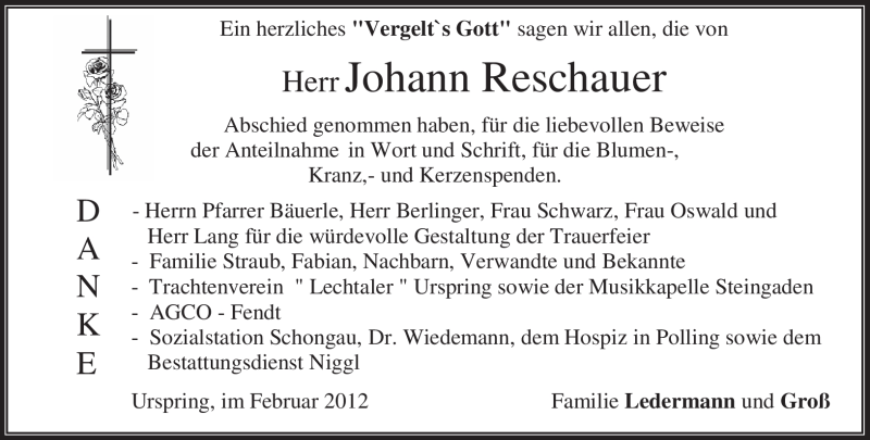  Traueranzeige für Johann Reschauer vom 25.02.2012 aus MERKUR & TZ