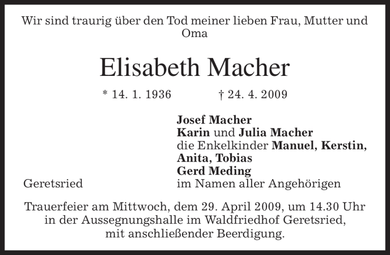  Traueranzeige für Elisabeth Macher vom 28.04.2009 aus MERKUR & TZ