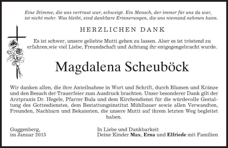  Traueranzeige für Magdalena Scheuböck vom 31.01.2015 aus merkurtz
