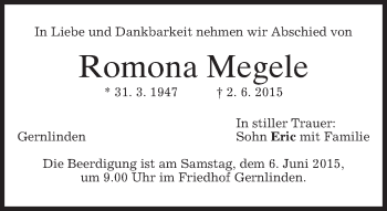 Traueranzeige von Romona Megele von merkurtz