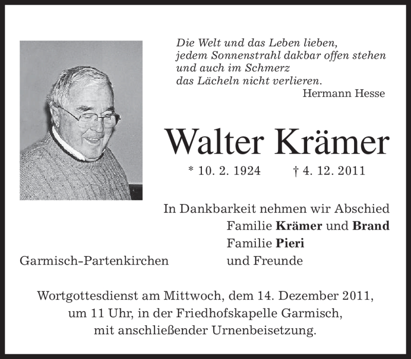  Traueranzeige für Walter Krämer vom 10.12.2011 aus MERKUR & TZ