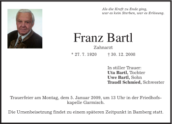 Traueranzeige von Franz Bartl von MERKUR & TZ