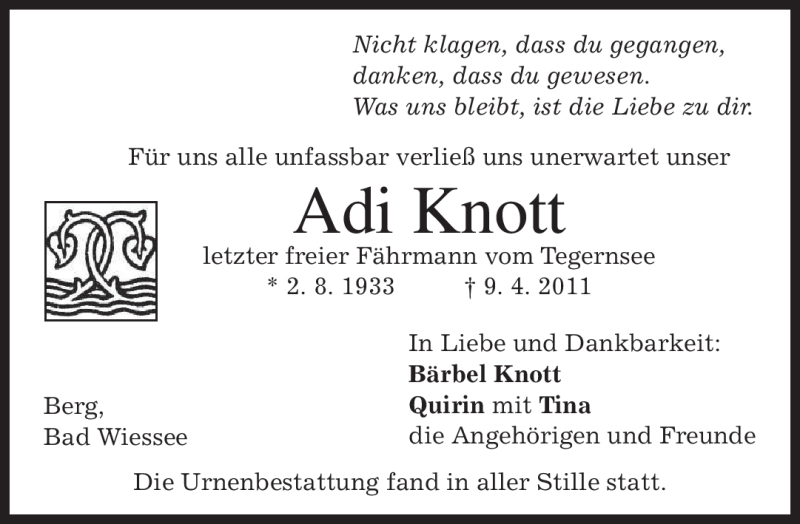  Traueranzeige für Adolf Knott vom 21.04.2011 aus MERKUR & TZ