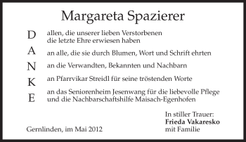 Traueranzeige von Margareta Spazierer von MERKUR & TZ