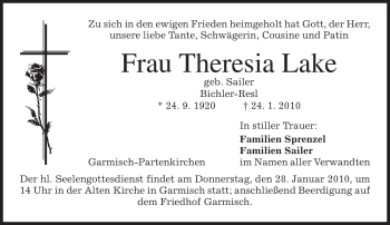 Traueranzeige von Theresia Lake von MERKUR & TZ