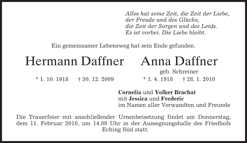  Traueranzeige für Anna Daffner vom 06.02.2010 aus MERKUR & TZ