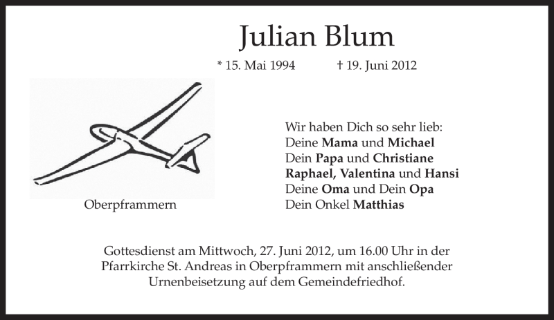  Traueranzeige für Julian Blum vom 23.06.2012 aus MERKUR & TZ