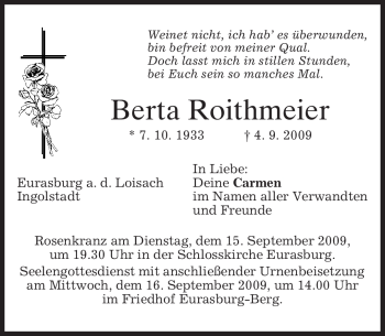 Traueranzeige von Berta Roithmeier von MERKUR & TZ