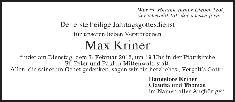  Traueranzeige für Max Kriner vom 04.12.2012 aus merkurtz