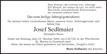 Traueranzeige von Josef Sedlmaier von MERKUR & TZ