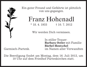 Traueranzeige von Franz Hohenadl von MERKUR & TZ