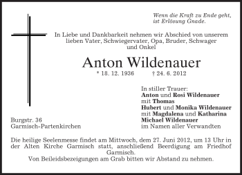 Traueranzeige von Anton Wildenauer von MERKUR & TZ