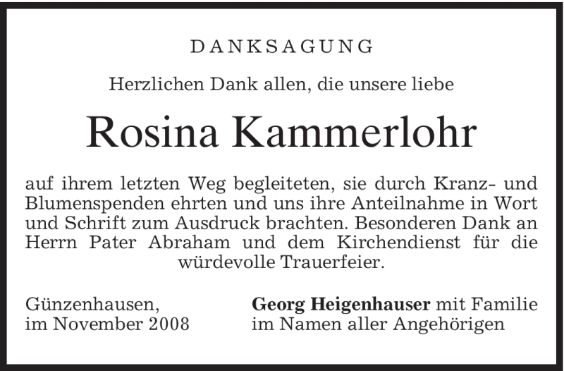  Traueranzeige für Rosina Kammerlohr vom 15.11.2008 aus MERKUR & TZ