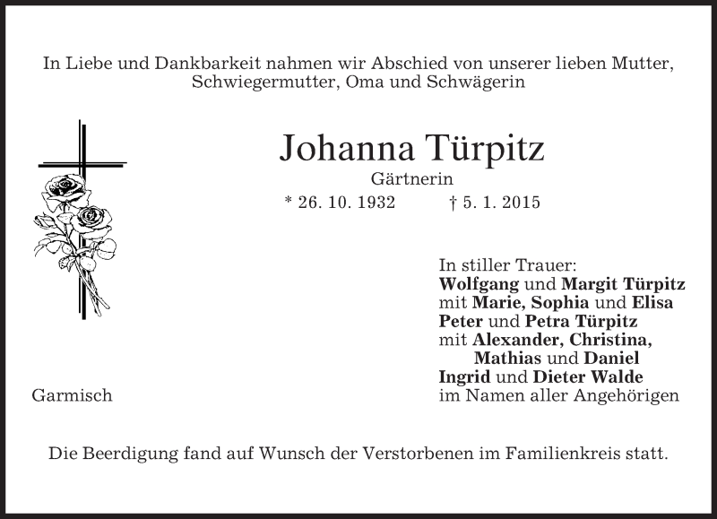  Traueranzeige für Johanna Türpitz vom 10.01.2015 aus merkurtz