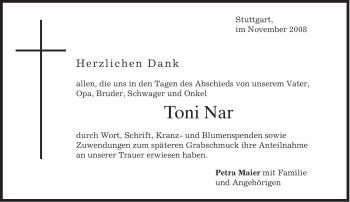 Traueranzeige von Toni Nar von MERKUR & TZ